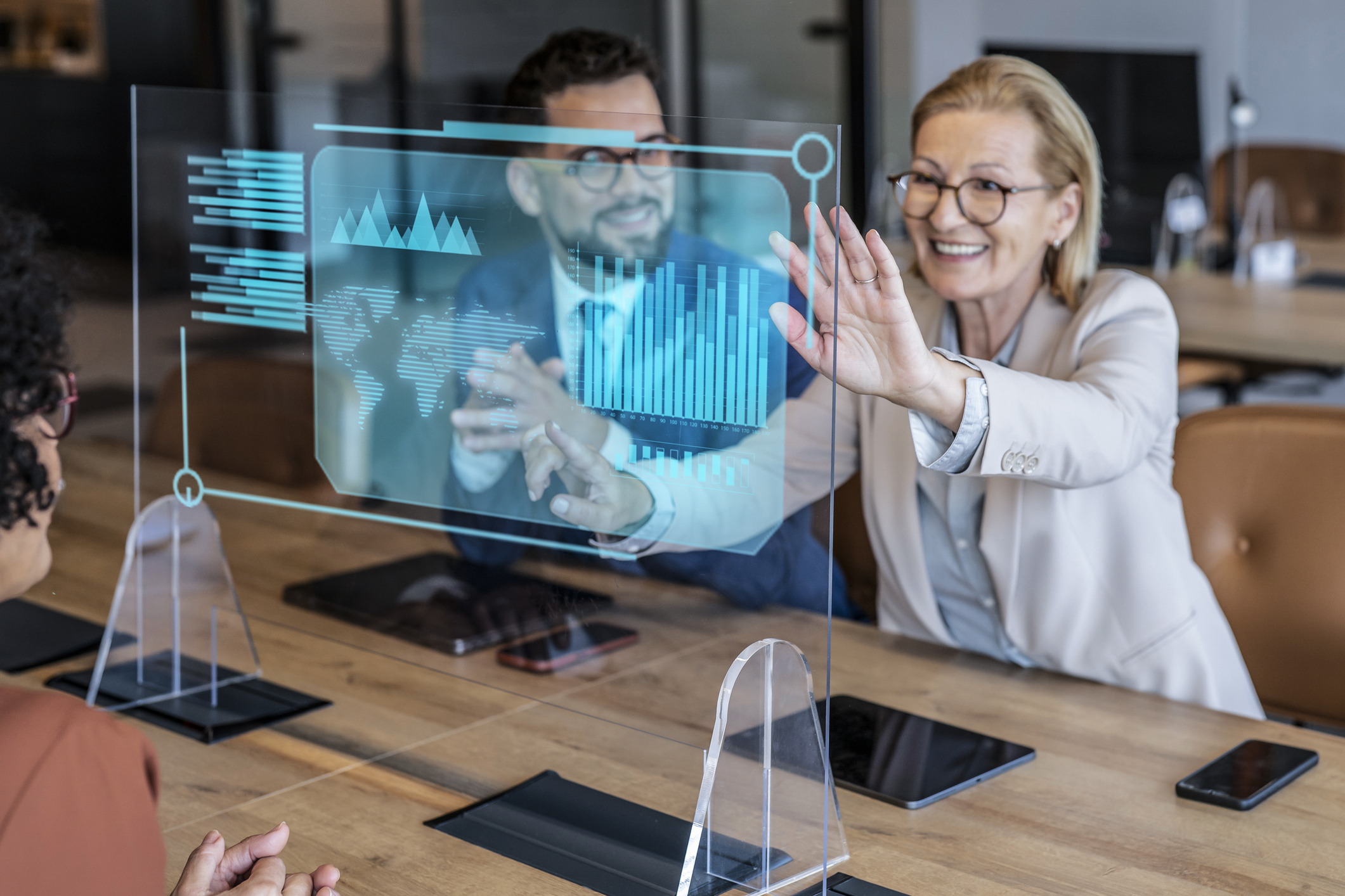Business People Touching A Virtual Infographic. Ai Concept